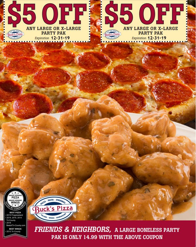 Buck's Pizza Party Paks SPECIALS > 5 OFF COUPON! Food & Drink
