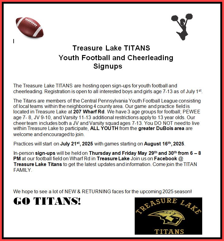 Treasure Lake TITANS Youth Football and Cheerleading Signups > May 29 & 30 6-8pm